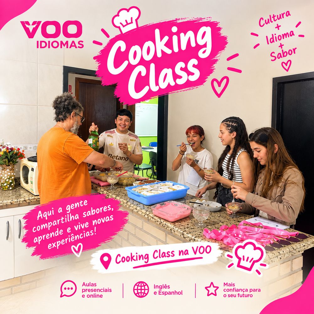 Post da Vôo Idiomas: “Cooking Class”, com um grupo cozinhando junto na escola