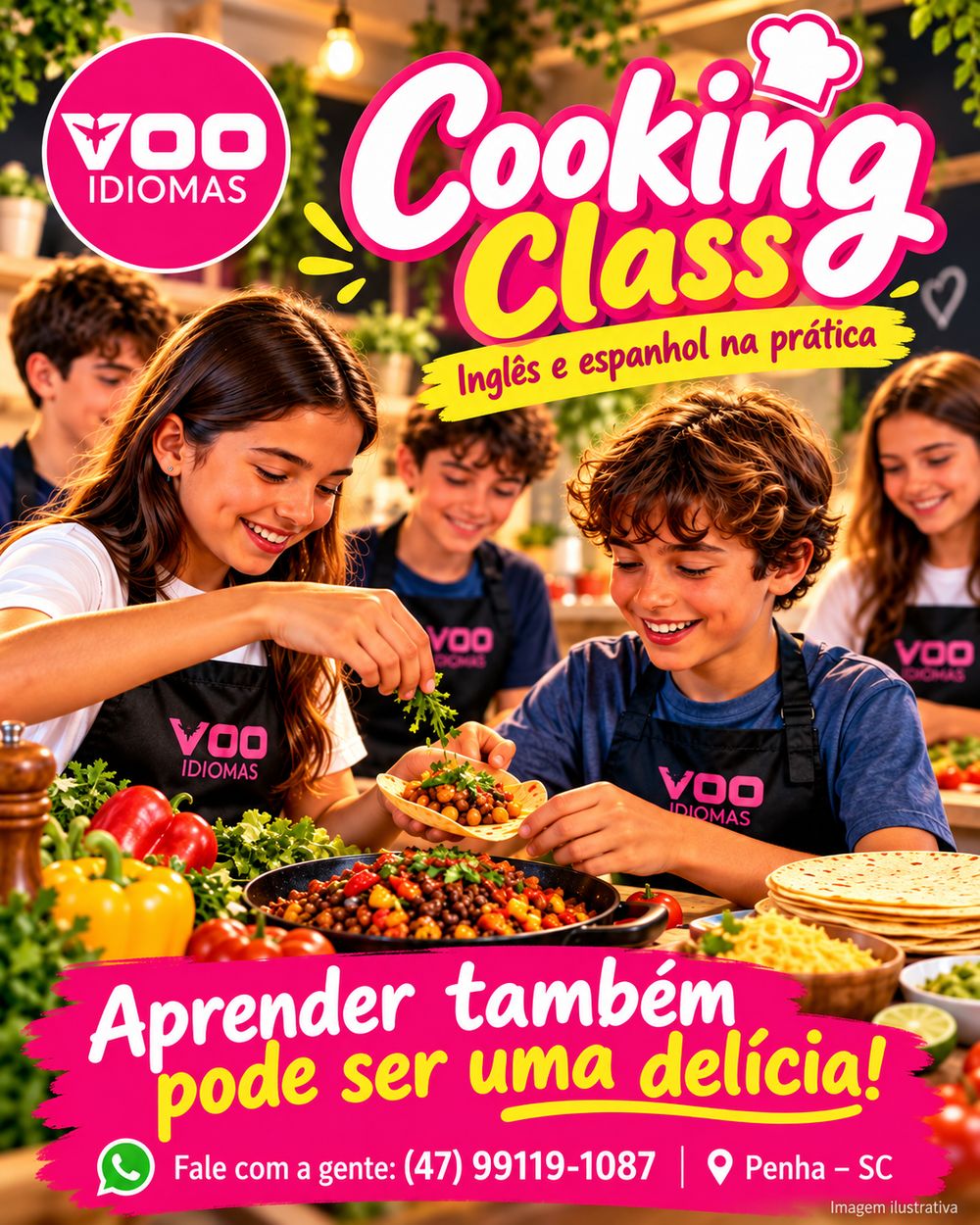 Post da Vôo Idiomas: “Cooking Class: inglês e espanhol na prática”, com imagem ilustrativa
