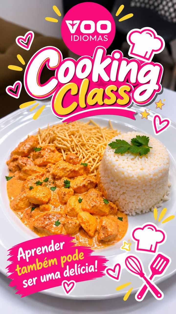 Story da Vôo Idiomas: “Cooking Class”, com um prato de comida e o texto “Aprender também pode ser uma delícia!”
